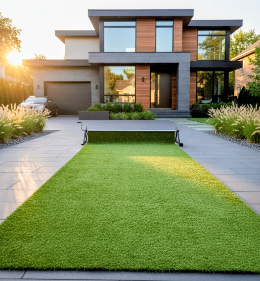 PlayTurfs retractable artificial turf system rolled out on a driveway
