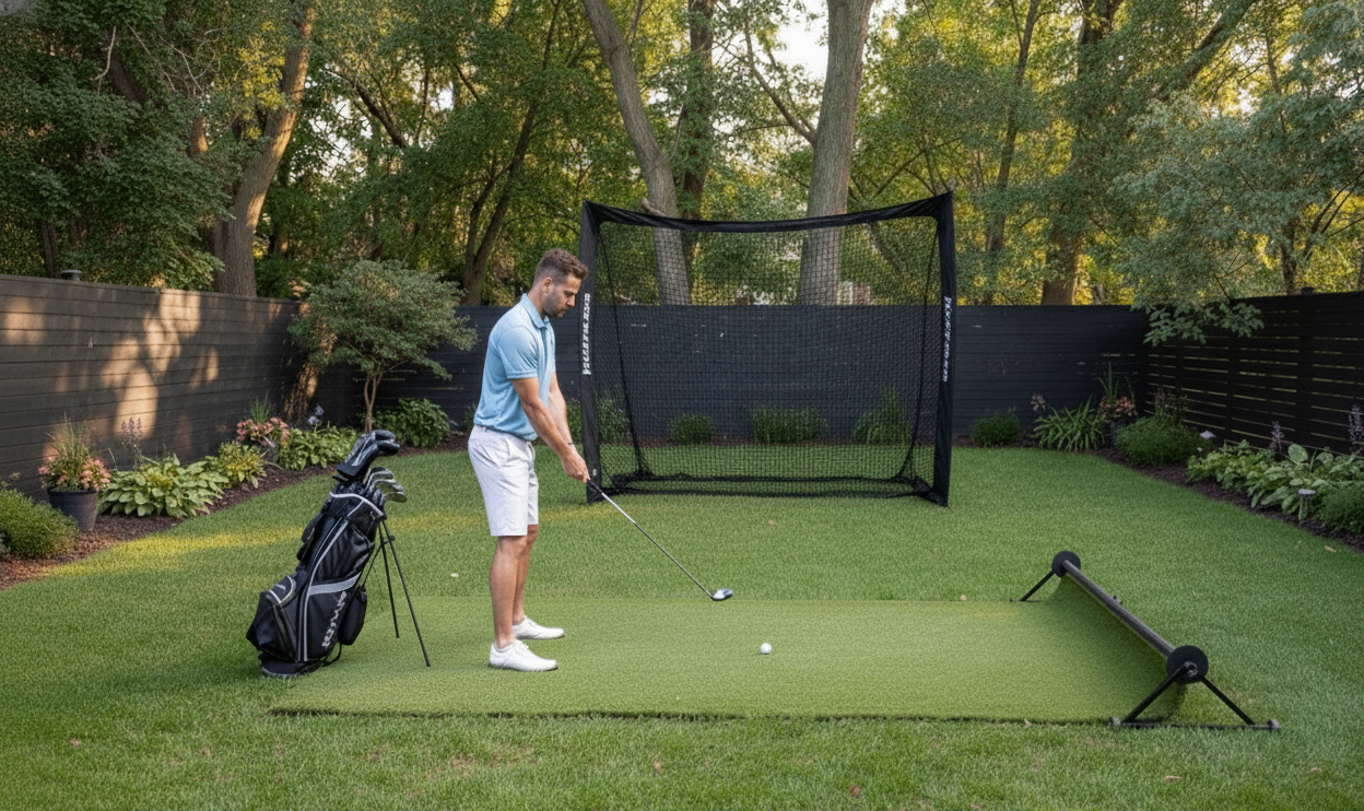 Man using the PlayTurfs retractable artificial turf system as a durable golf hitting mat with a net in the backyard.