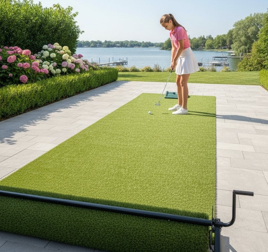 Young girl practicing golf putting on the PlayTurfs retractable artificial turf system set up on a patio by a lake.
