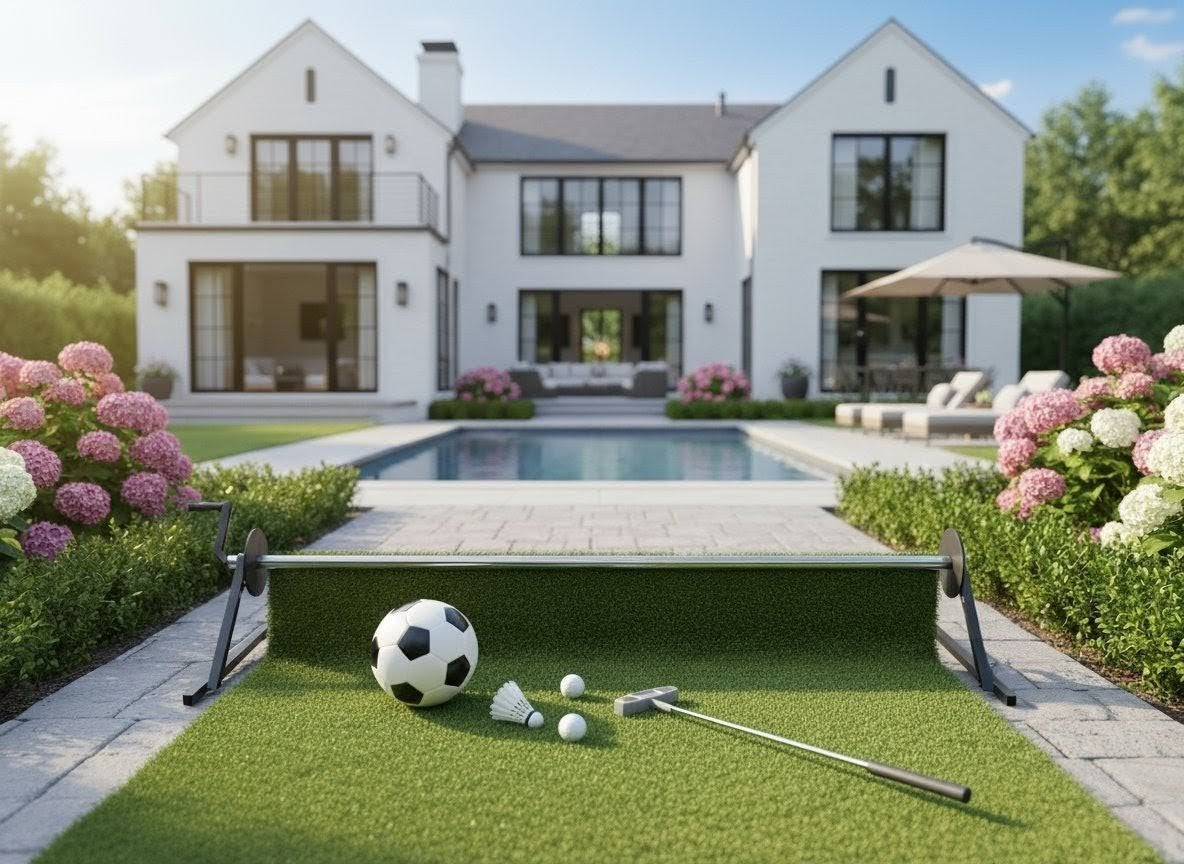 PlayTurfs portable artificial turf system set up by a pool for practicing golf putting and soccer skills.
