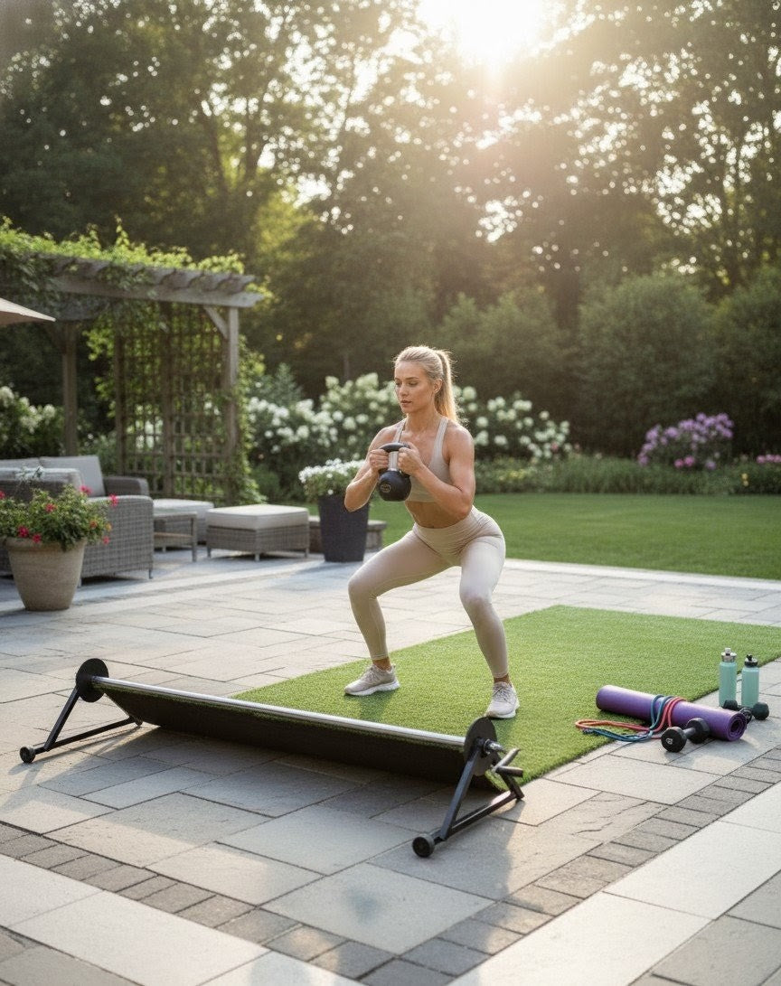 Woman doing kettlebell exercises on the PlayTurfs retractable artificial turf system set up on an outdoor patio.