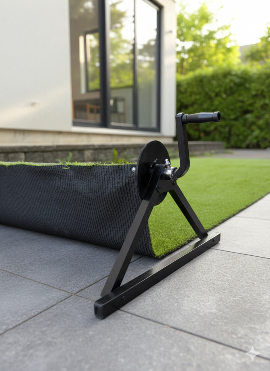 Close-up view of the hand crank mechanism used to retract the PlayTurfs artificial turf for easy vertical storage.